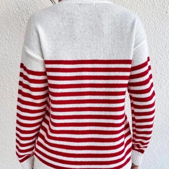 Preppy Womens Heart & Stripe Print Sweater Red And White - Picture 2 of 5